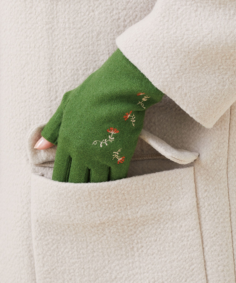 Flower embroidery fingerless glove
