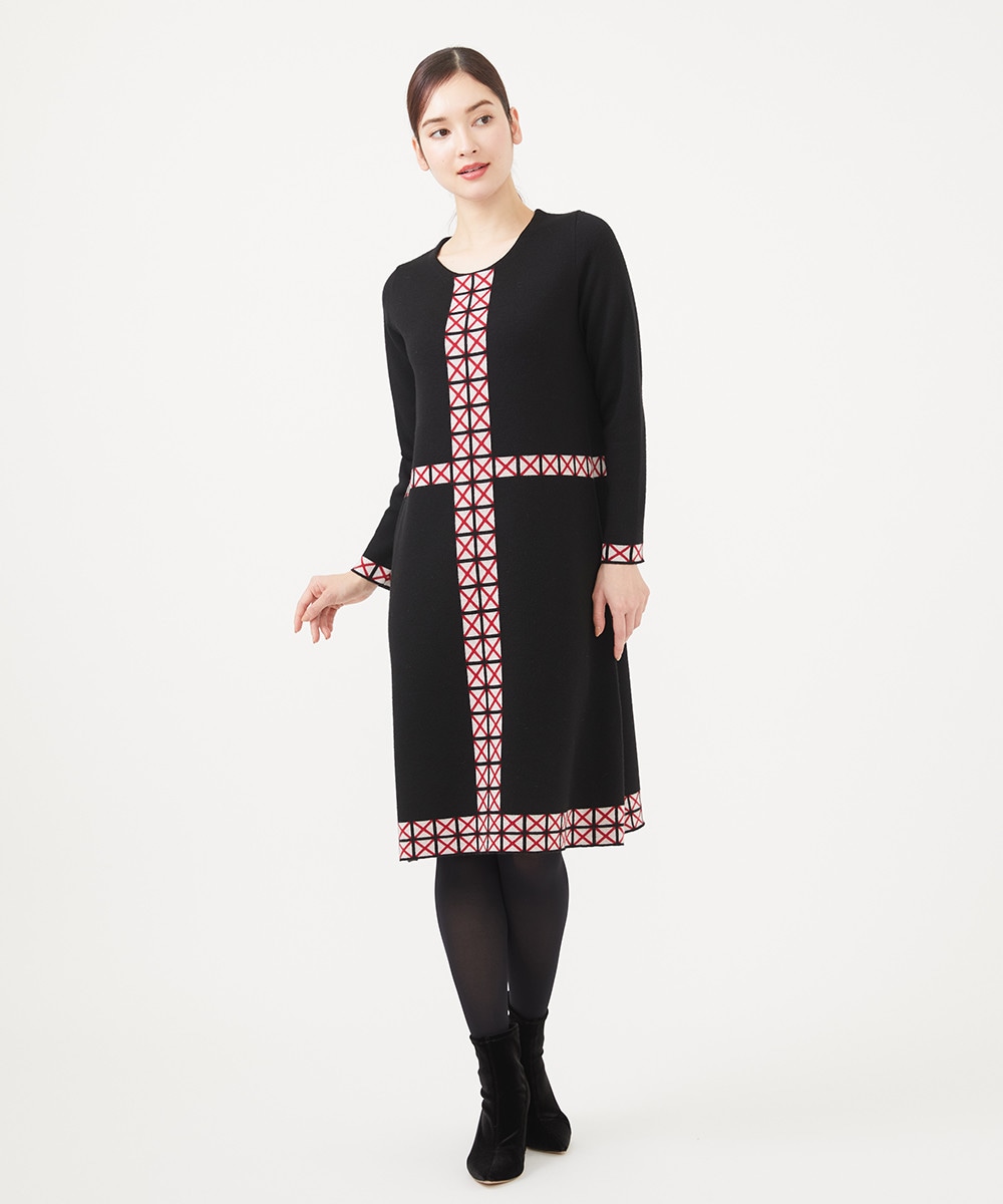 Cross tile motif knit jacquard dress