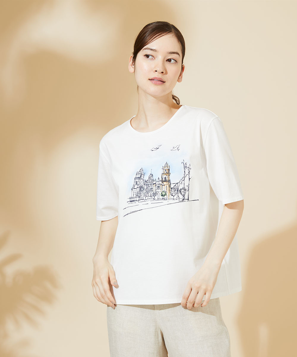 Townscape embroidery & print T-shirt