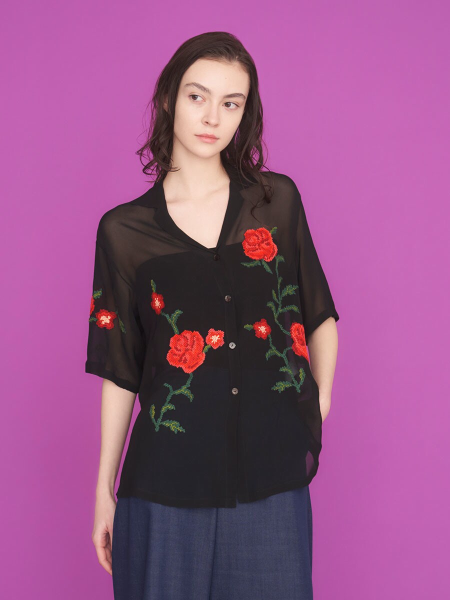 Rose embroidery chiffon shirt