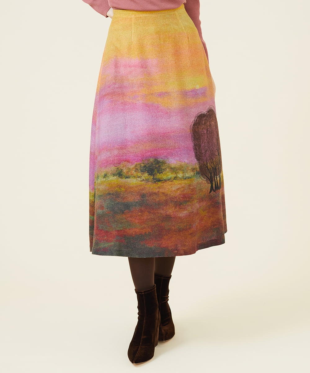 サンセットプリント刺繍ウールスカート(ミモレ丈スカート) | Sybilla 