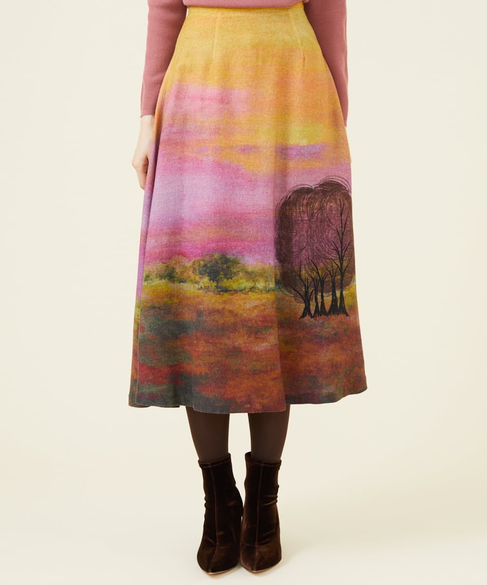 サンセットプリント刺繍ウールスカート(ミモレ丈スカート) | Sybilla 