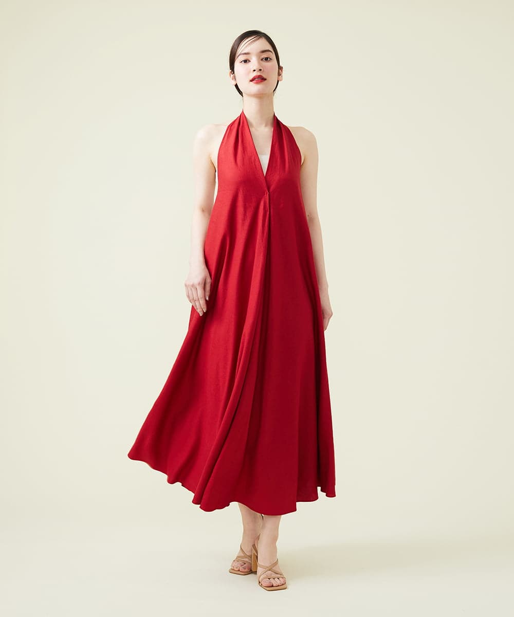 SYBILLA DRESS】リネンホルターネック ベア付きドレス(ワンピース