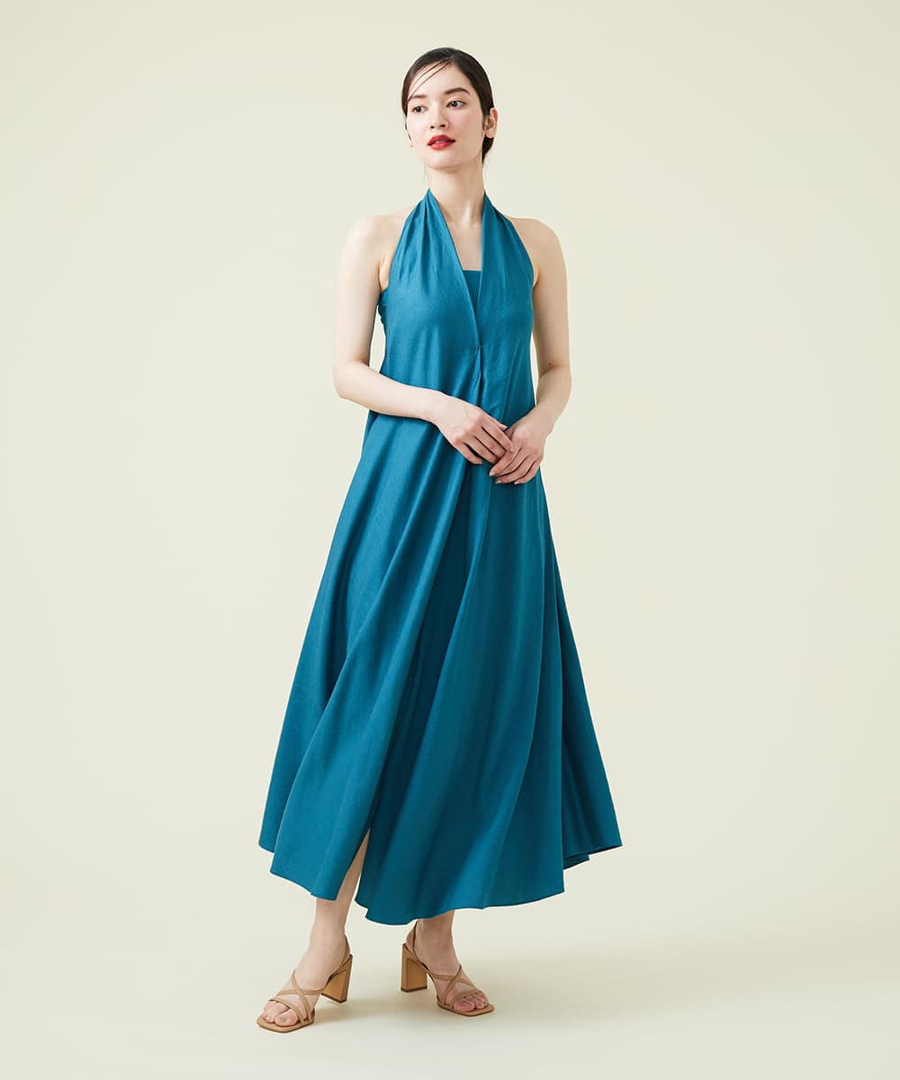 【SYBILLA DRESS】リネンホルターネック ベア付きドレス