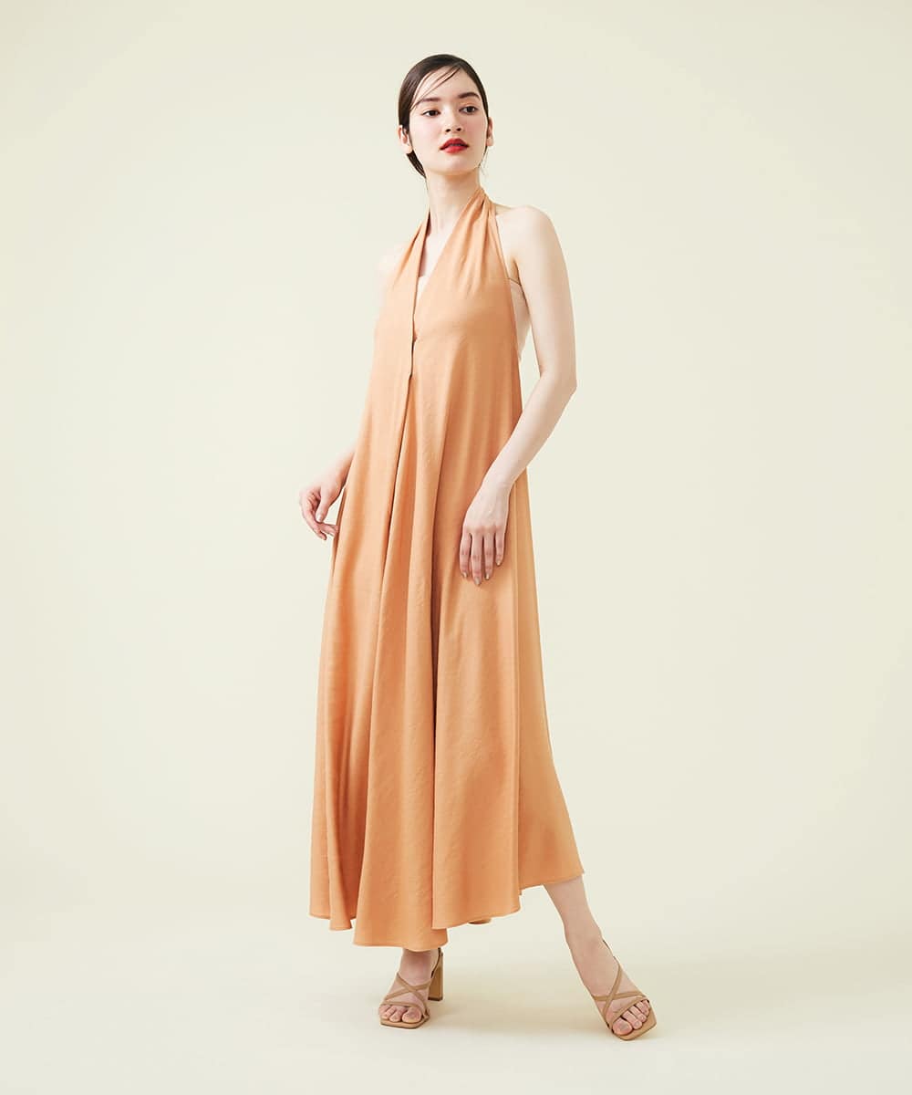 SYBILLA DRESS】リネンホルターネック ベア付きドレス(ワンピース