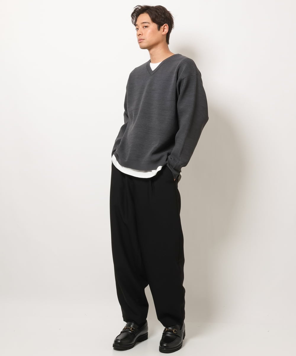 S-XXL/洗濯機で洗える】アゼ編みＶネックニット（レイヤードカットソー