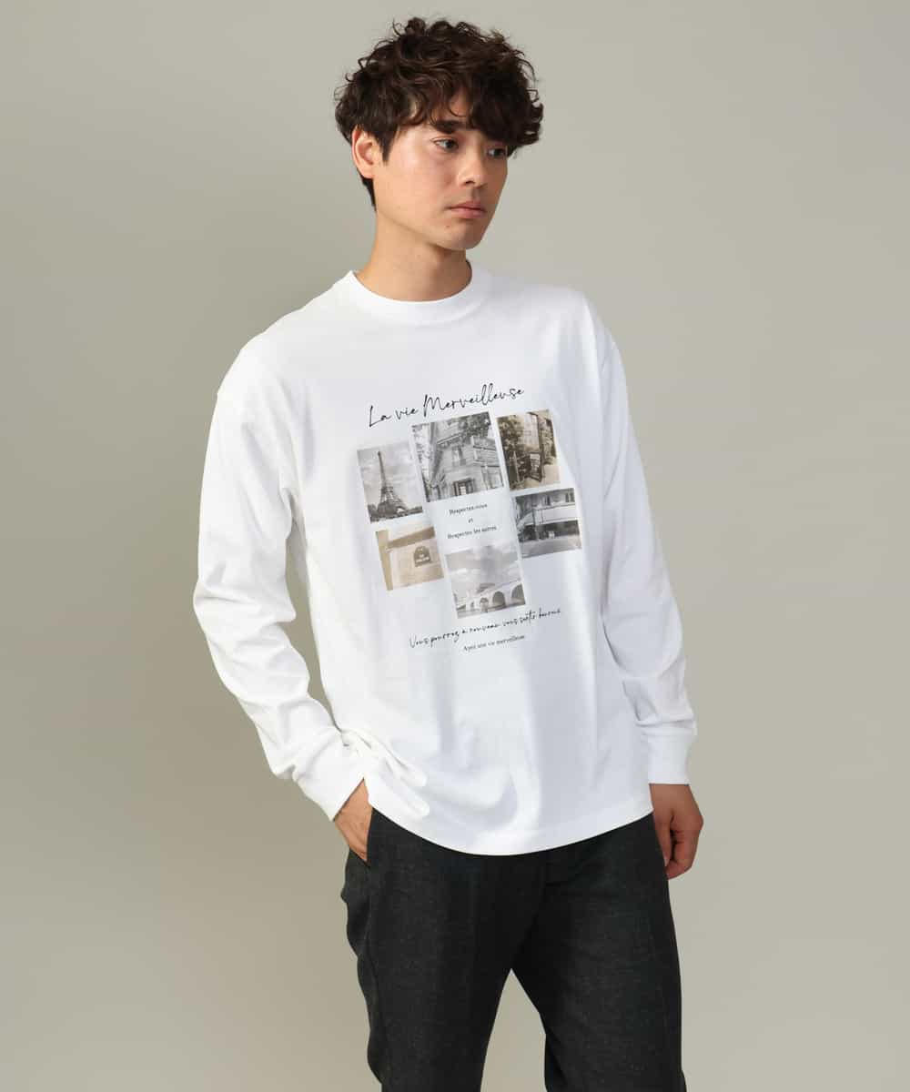 KHKJV11044 a.v.v MEN(アー・ヴェ・ヴェ) 【秋の新作】PARISフォトプリントワイドシルエットロングTシャツ ホワイト