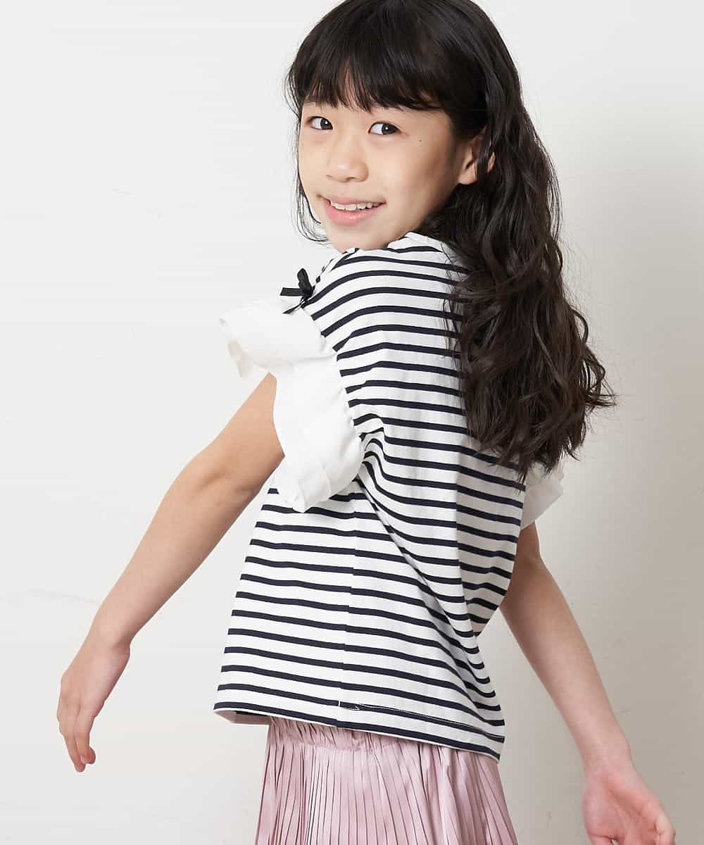 KJKGM67019 a.v.v KIDS(アー・ヴェ・ヴェ) [100-130]リボンデザインボーダーＴシャツ[WEB限定サイズ] アイボリー×ブラックボーダー