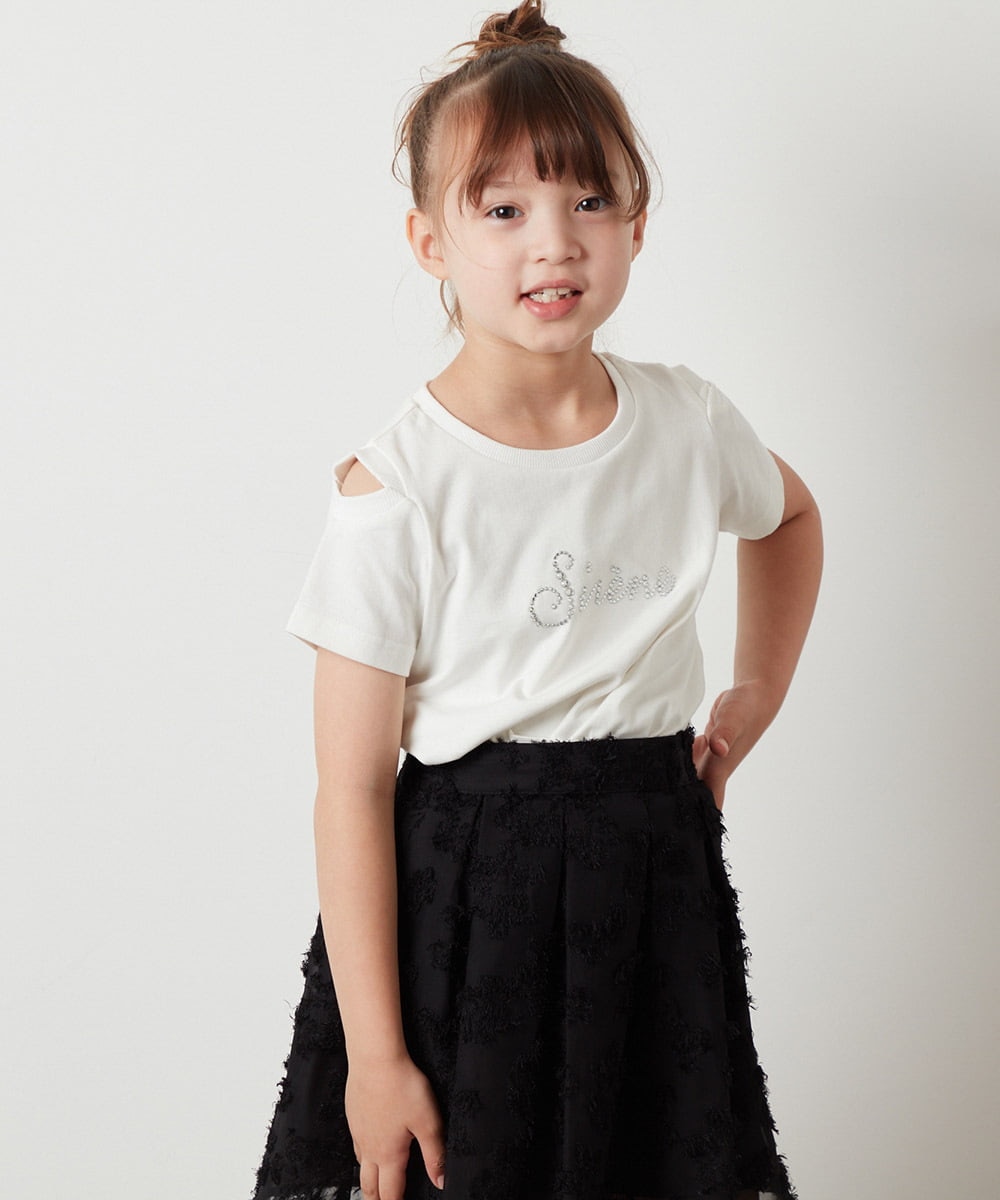 KJKHS26019 a.v.v KIDS(アー・ヴェ・ヴェ) [100-130]ラインストーンロゴオフショルＴシャツ ホワイト