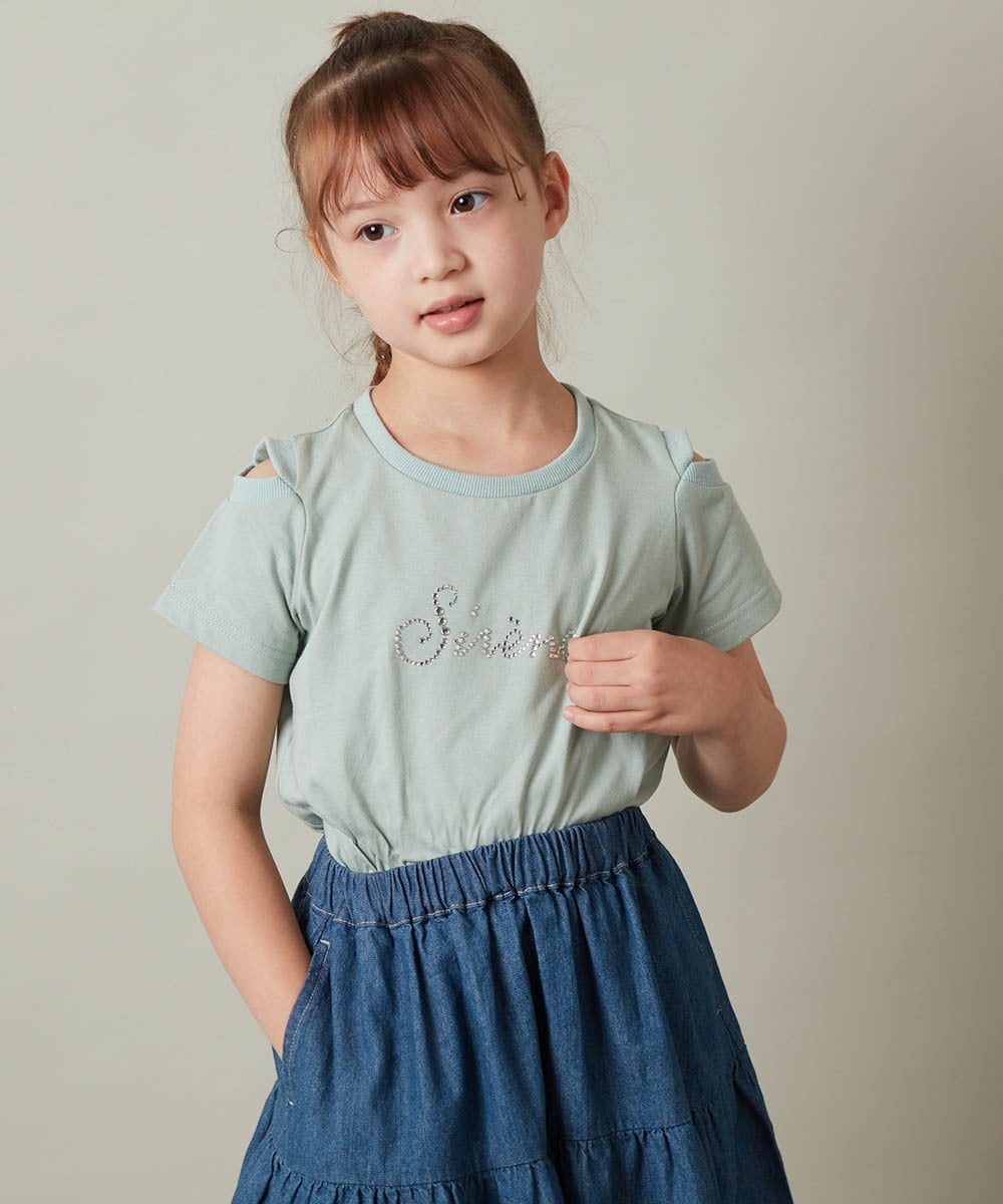 KJKHS26019 a.v.v KIDS(アー・ヴェ・ヴェ) [100-130]ラインストーンロゴオフショルＴシャツ ホワイト