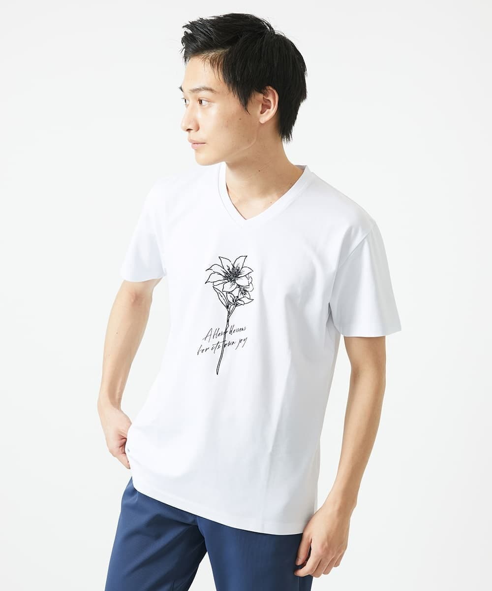 MKKGC10063 MK MICHEL KLEIN HOMME(MKミッシェルクランオム) フラワー刺繍VネックTシャツ/シルキーポンチ ホワイト