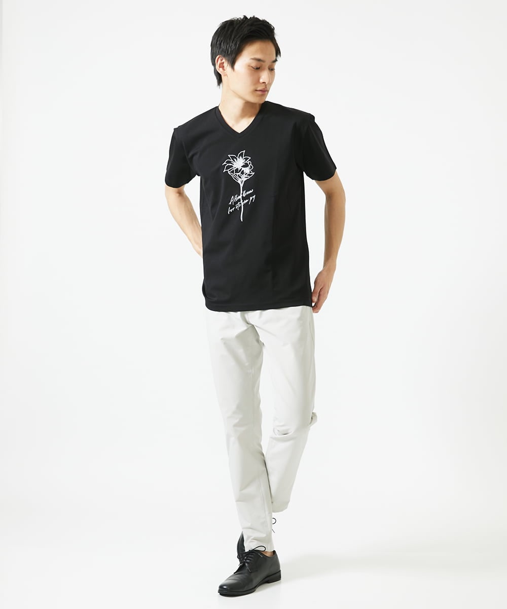 MKKGC10063 MK MICHEL KLEIN HOMME(MKミッシェルクランオム) フラワー刺繍VネックTシャツ/シルキーポンチ ブラック