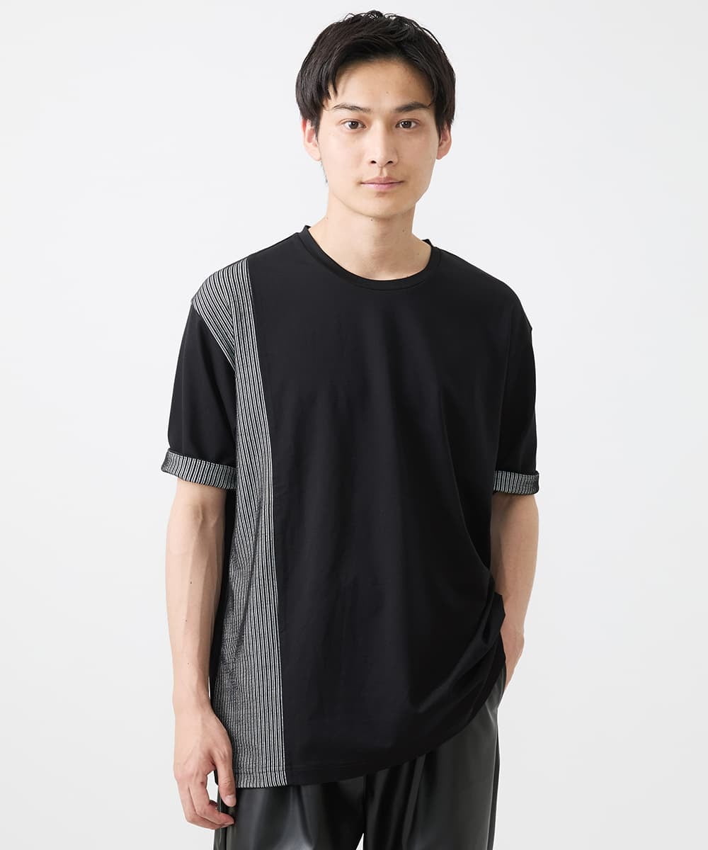 MKKIX05069 MK MICHEL KLEIN HOMME(MKミッシェルクランオム) 【限定展開】Tシャツ/ダブルストライプ切り替えBIGシルエット ブラック