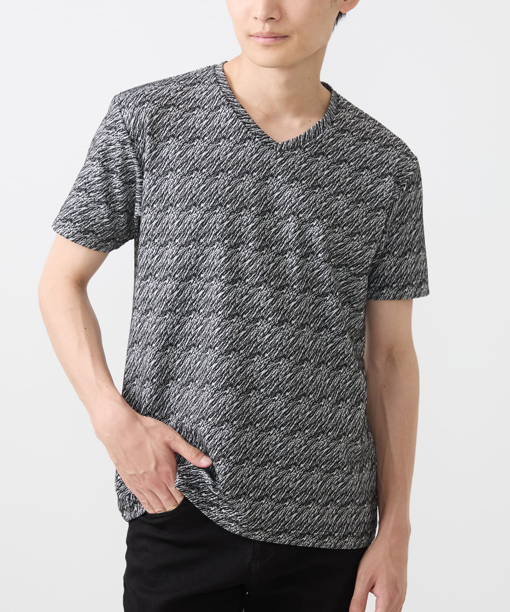 MKKIX17059 MK MICHEL KLEIN HOMME(MKミッシェルクランオム) 【ON/OFF対応】Vネック半袖Tシャツ/ストームジャガード ブラック