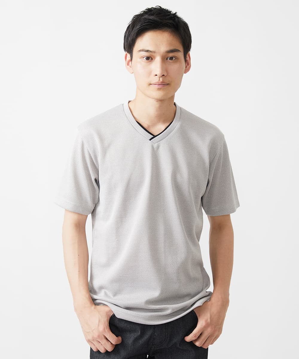 MKKIX18059 MK MICHEL KLEIN HOMME(MKミッシェルクランオム) 【ON/OFF対応】VネックTシャツ/メランジワッフル ネイビー