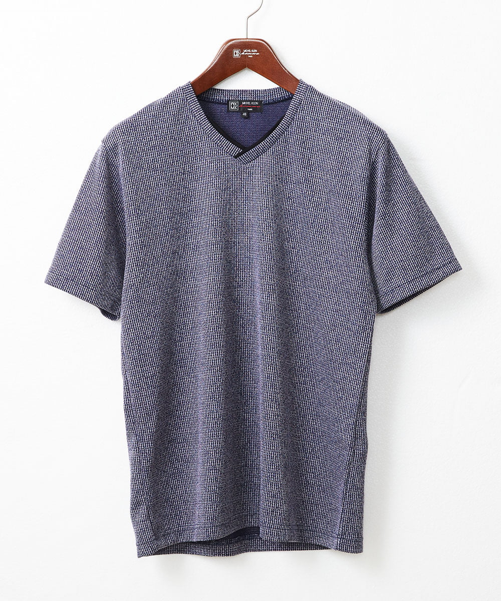 MKKIX18059 MK MICHEL KLEIN HOMME(MKミッシェルクランオム) 【ON/OFF対応】VネックTシャツ/メランジワッフル ネイビー