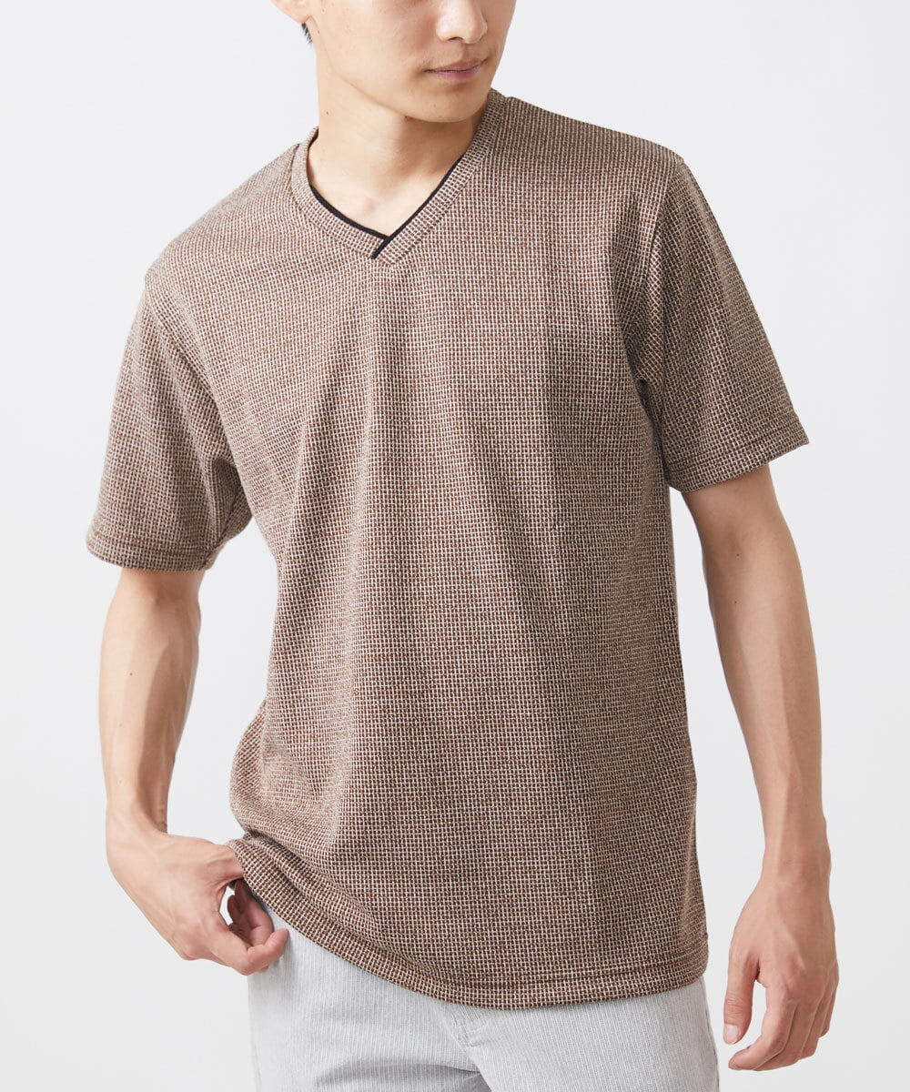 MKKIX18059 MK MICHEL KLEIN HOMME(MKミッシェルクランオム) 【ON/OFF対応】VネックTシャツ/メランジワッフル ブラウン