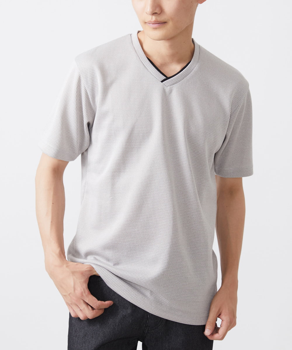 MKKIX18059 MK MICHEL KLEIN HOMME(MKミッシェルクランオム) 【ON/OFF対応】VネックTシャツ/メランジワッフル ライトグレー