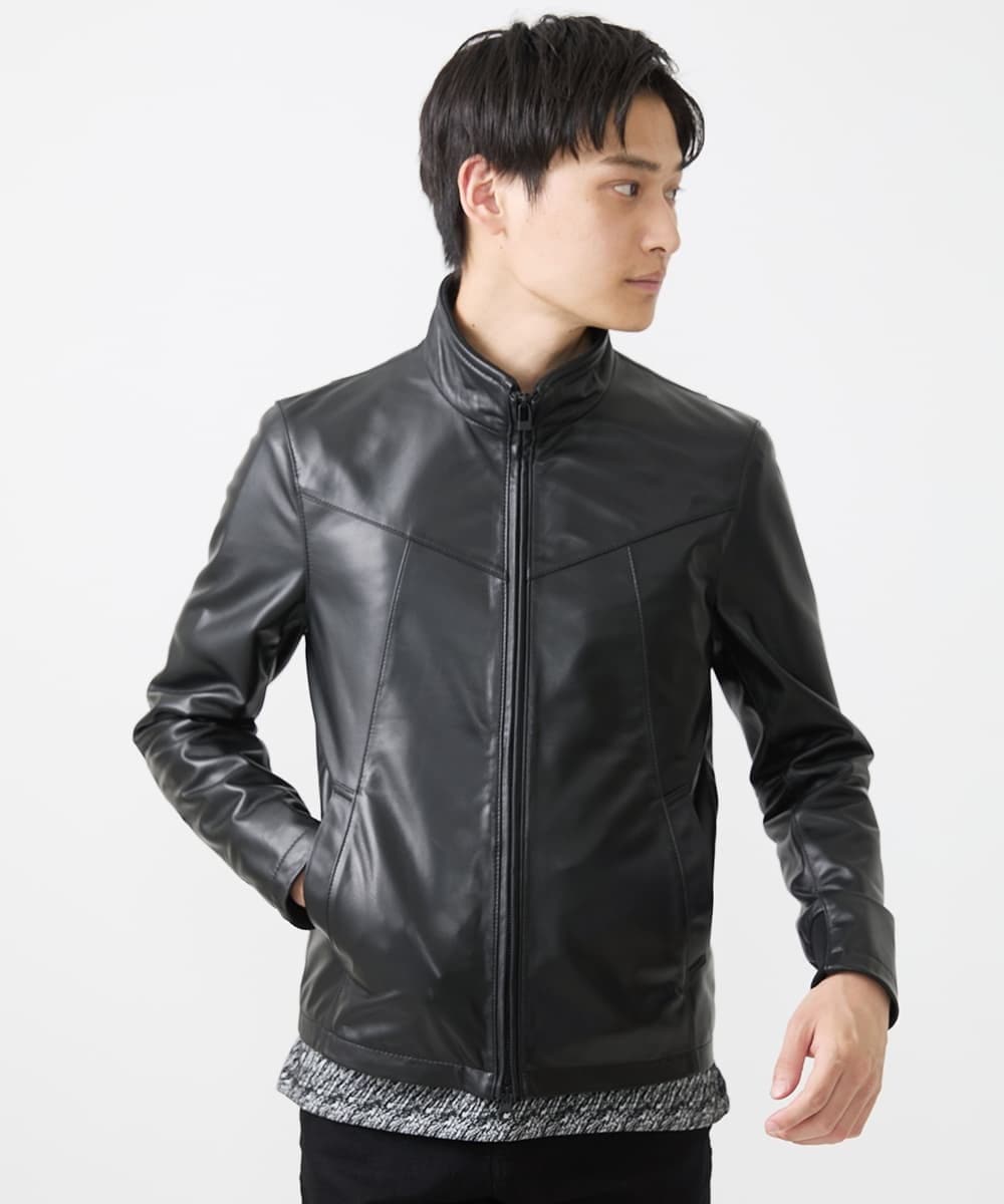 MKWAC01390 MK MICHEL KLEIN HOMME(MKミッシェルクランオム) LAMB LEATHER スタンドカラーブルゾン ブラック