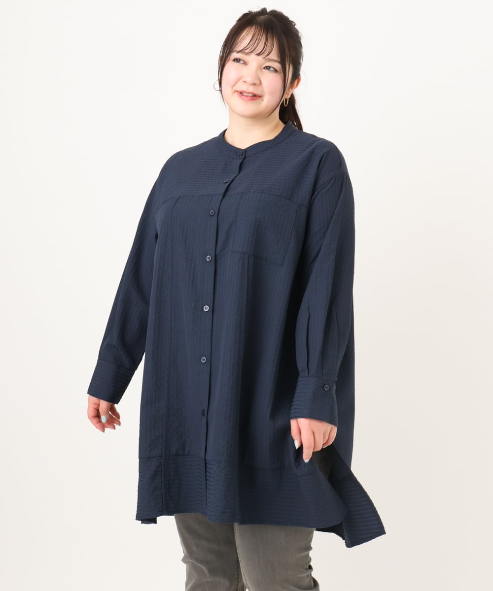 OLEDA11109 eur3(エウルキューブ) 【WEB先行販売】【大きいサイズ】ストライプシャツチュニック　 ネイビー(57)