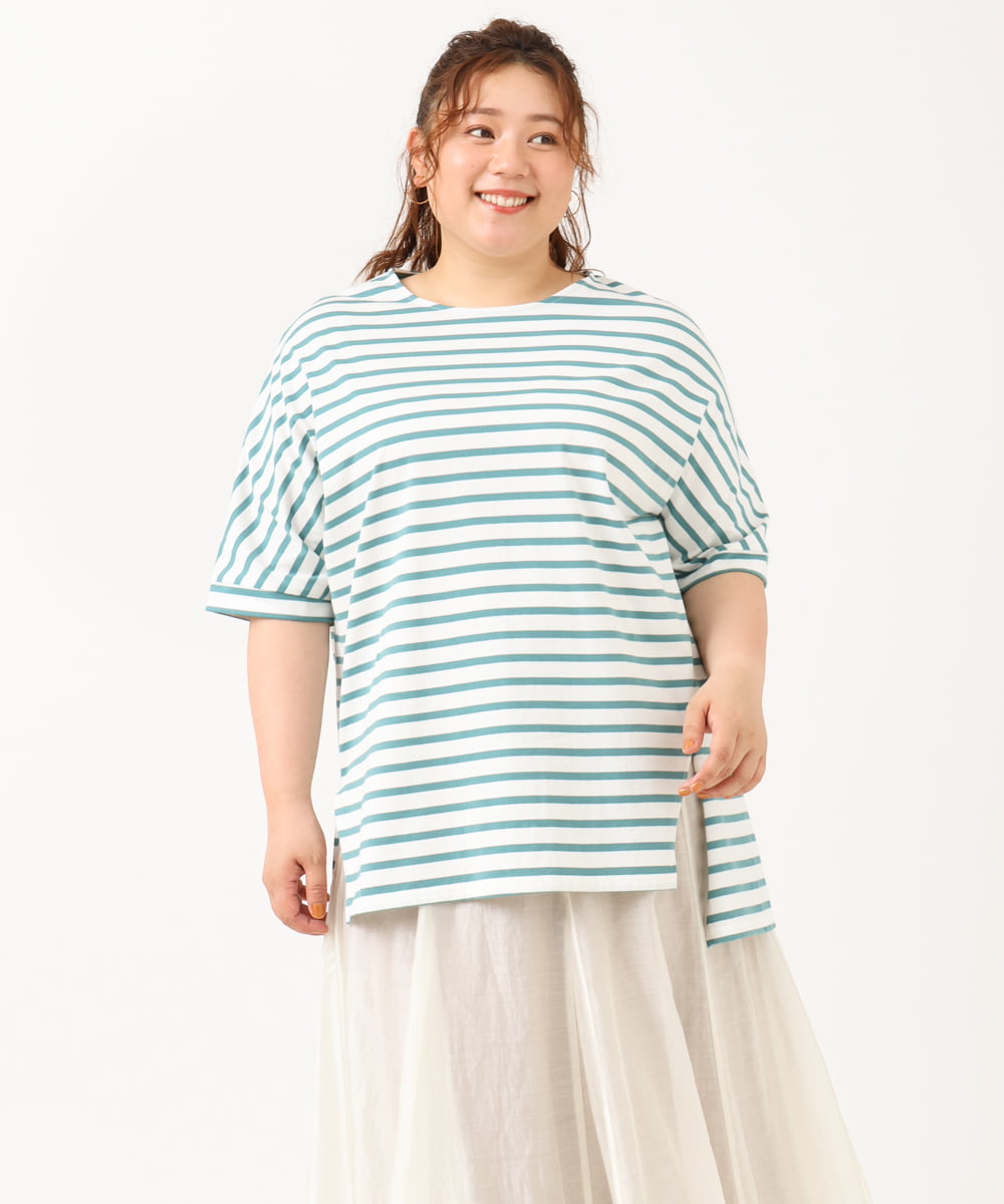 OLKIV45089 eur3(エウルキューブ) 【大きいサイズ/20th記念チャーム付き】アニバーサリーボーダーTシャツ ブルー(55)