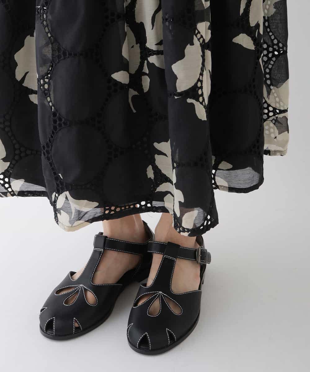 洗える】サークル刺繍フラワープリントスカート(ミモレ丈スカート