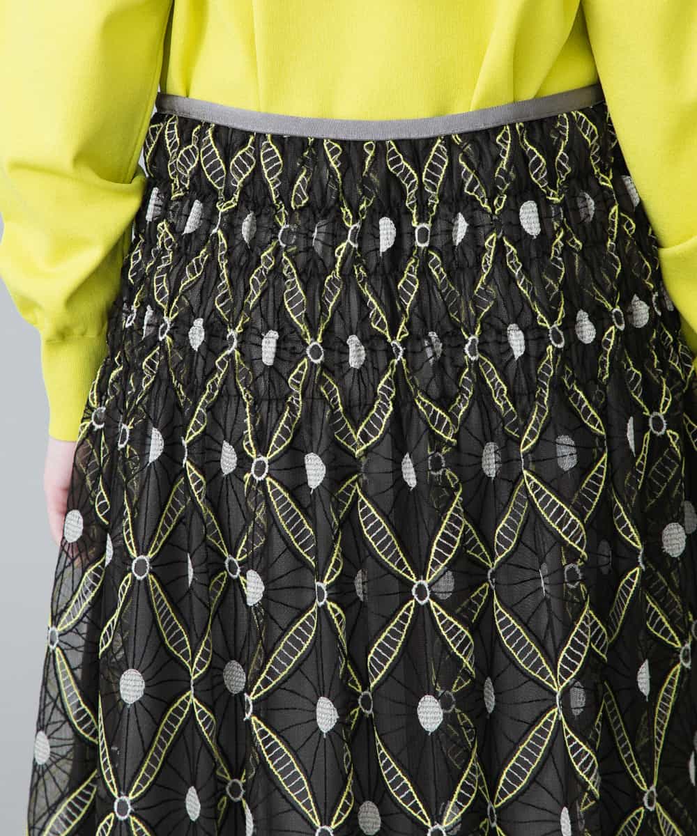 日本製/洗える】チュールアラベスク刺繍デザインスカート(ミモレ丈