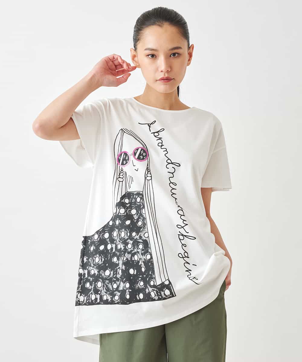 RLKGX04250 HIROKO BIS GRANDE(ヒロコ ビス グランデ) 【大きいサイズ】デザインプリントチュニックTシャツ /洗える ホワイト