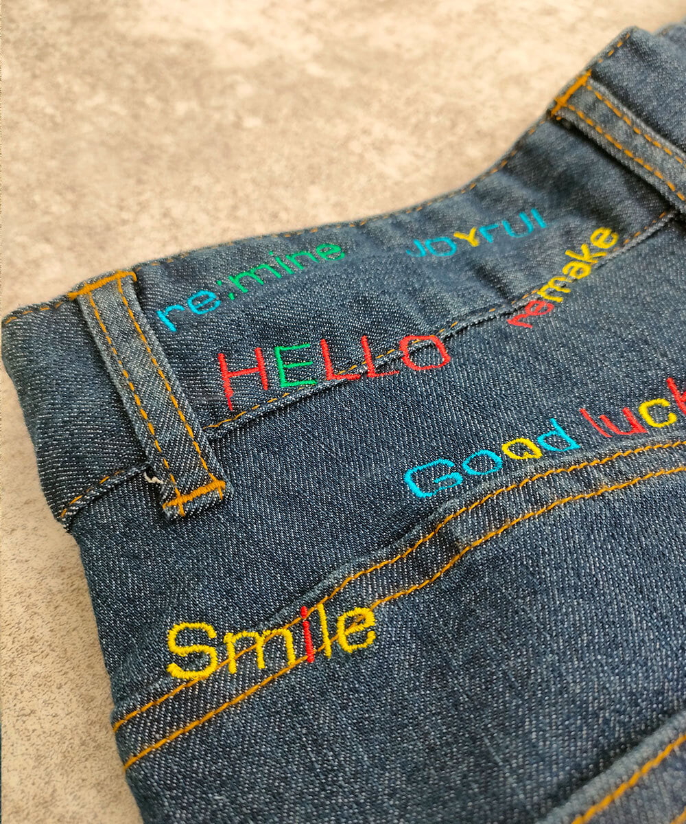 brotherコラボ メッセージ刺繍ワンポイントリメイク スリットデニム